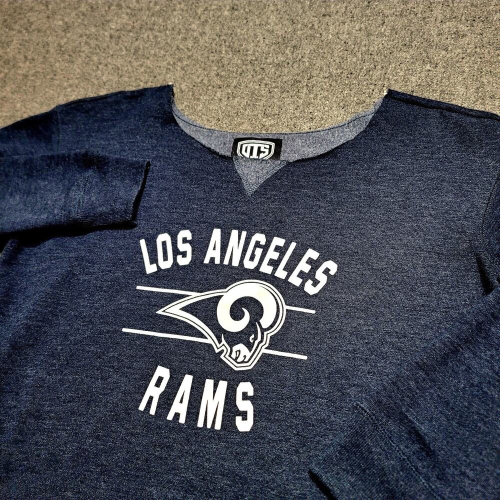LA Rams Sweater Women Small Blue OTS Open Neck Fleece Sweatshirt Distressed